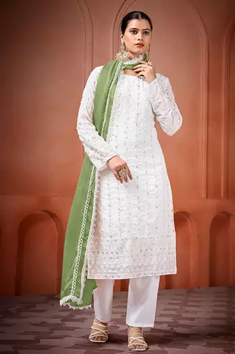 White and green faux georgette embroidered readymade salwar suit