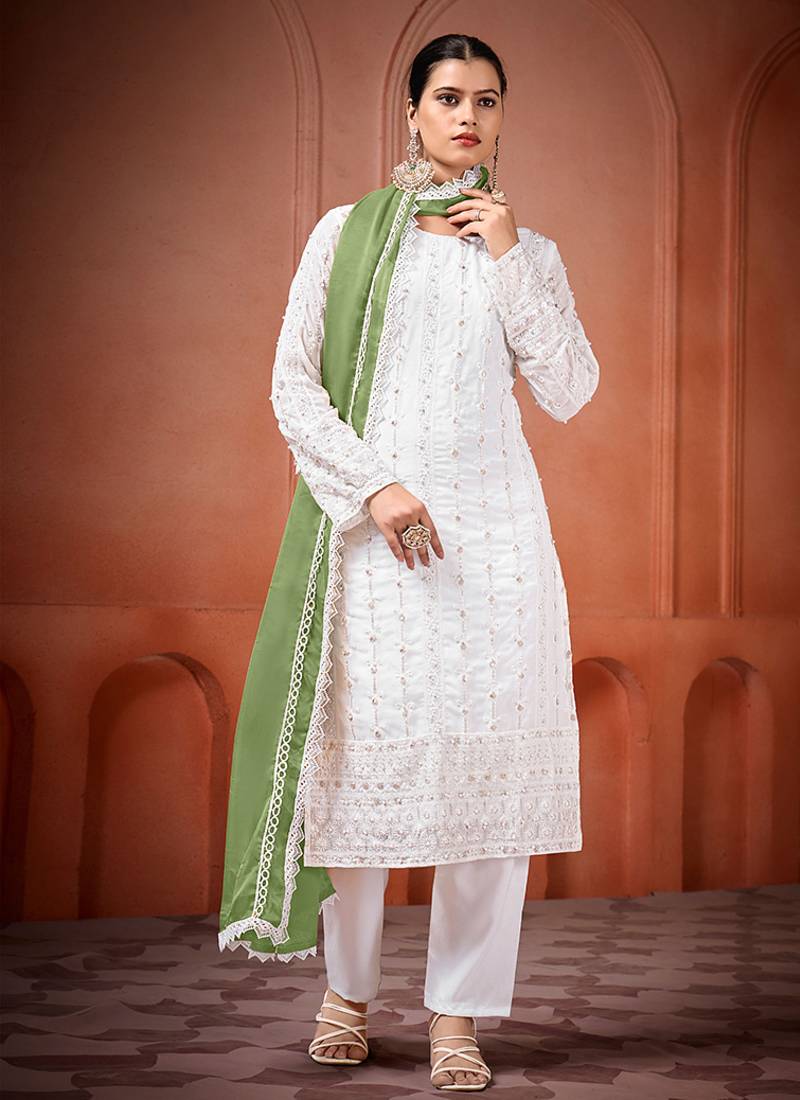 White and green faux georgette embroidered readymade salwar suit
