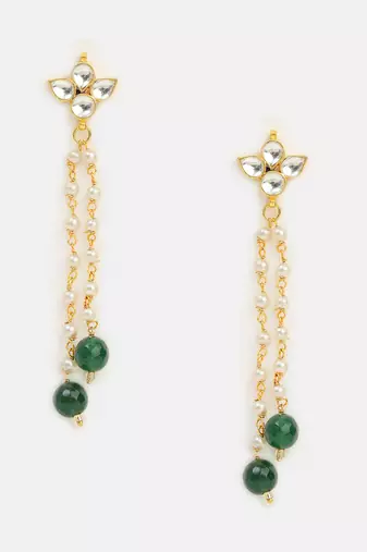 Emerald green beaded kundan drop earrings