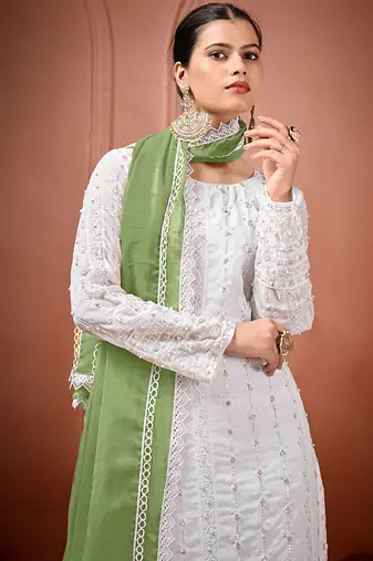 White and green faux georgette embroidered readymade salwar suit