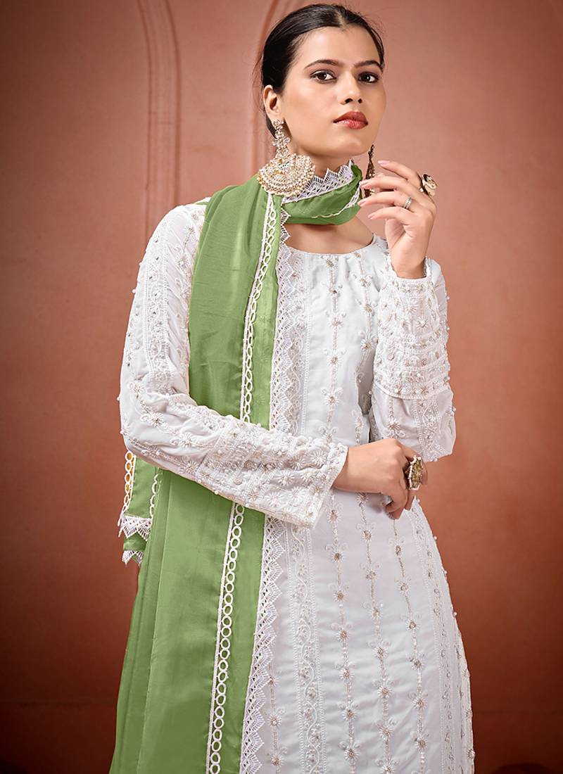 White and green faux georgette embroidered readymade salwar suit