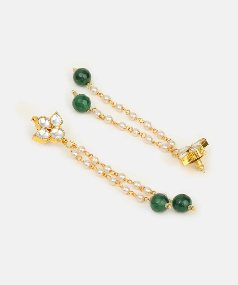 Emerald green beaded kundan drop earrings
