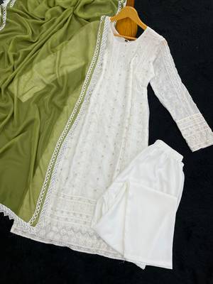 White and green faux georgette embroidered readymade salwar suit 4