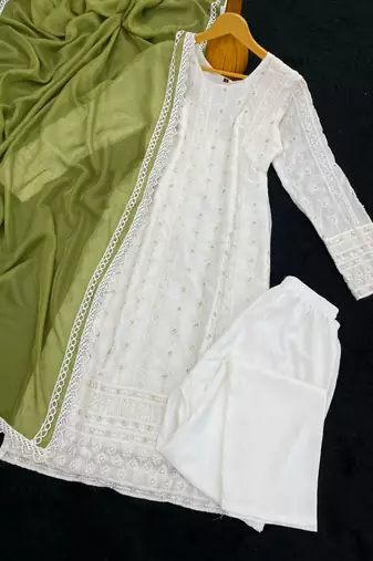 White and green faux georgette embroidered readymade salwar suit