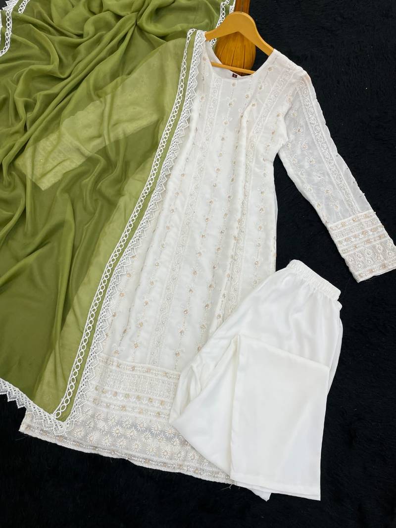 White and green faux georgette embroidered readymade salwar suit