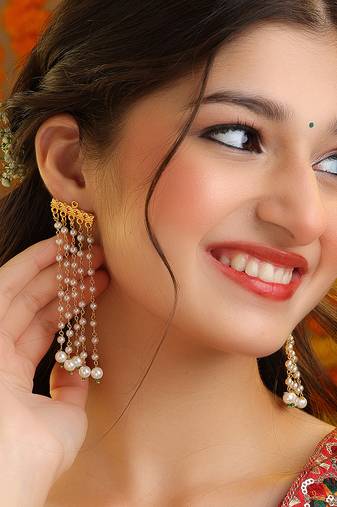 White stones green beaded kundan drop earrings