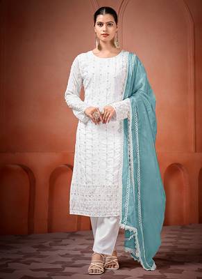 White and sky blue faux georgette embroidered readymade salwar suit 1