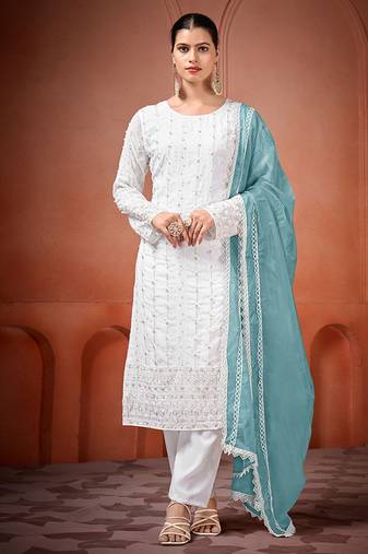 White and sky blue faux georgette embroidered readymade salwar suit