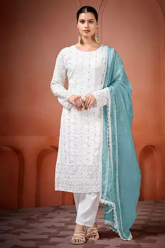 White and sky blue faux georgette embroidered readymade salwar suit
