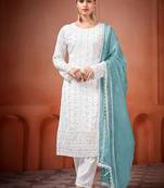White and sky blue faux georgette embroidered readymade salwar suit