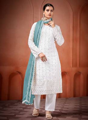 White and sky blue faux georgette embroidered readymade salwar suit 2