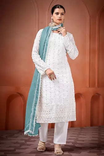 White and sky blue faux georgette embroidered readymade salwar suit