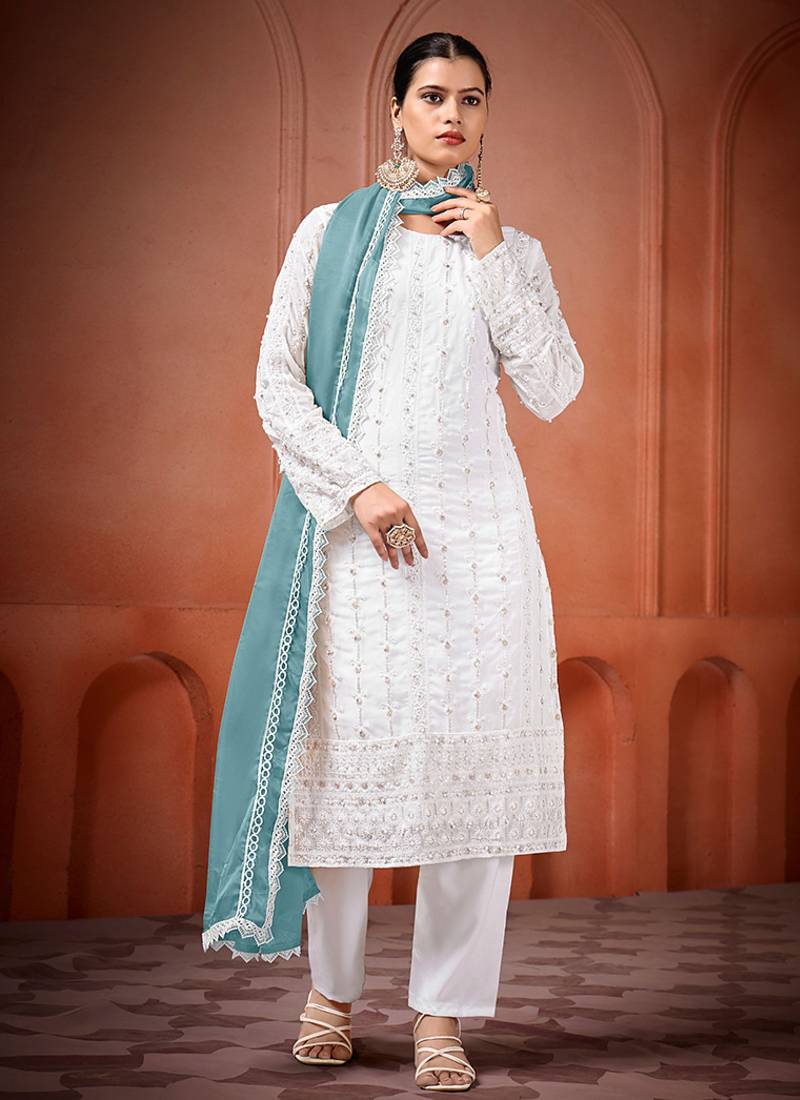 White and sky blue faux georgette embroidered readymade salwar suit