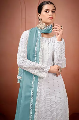 White and sky blue faux georgette embroidered readymade salwar suit