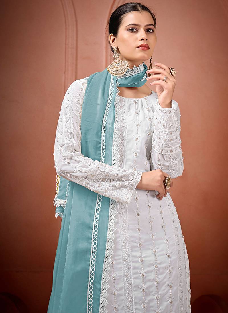 White and sky blue faux georgette embroidered readymade salwar suit