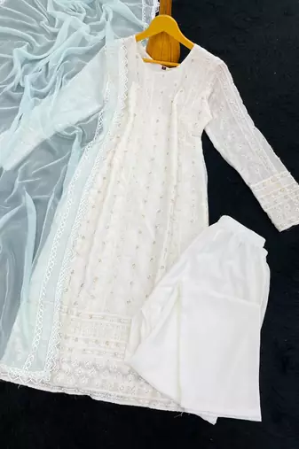 White and sky blue faux georgette embroidered readymade salwar suit