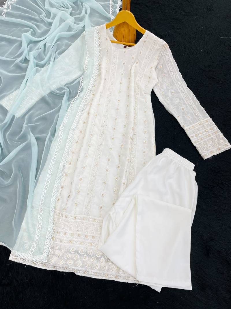 White and sky blue faux georgette embroidered readymade salwar suit