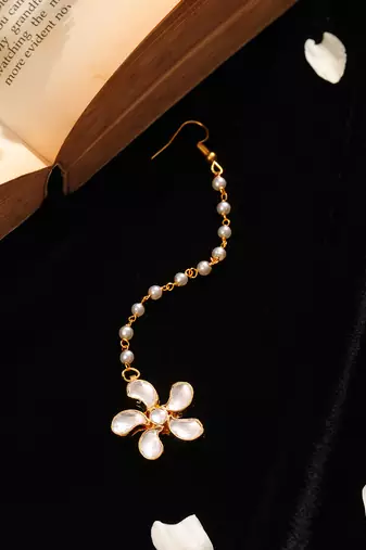 White pink beaded pearl drop maang tikka