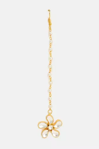 White pink beaded pearl drop maang tikka