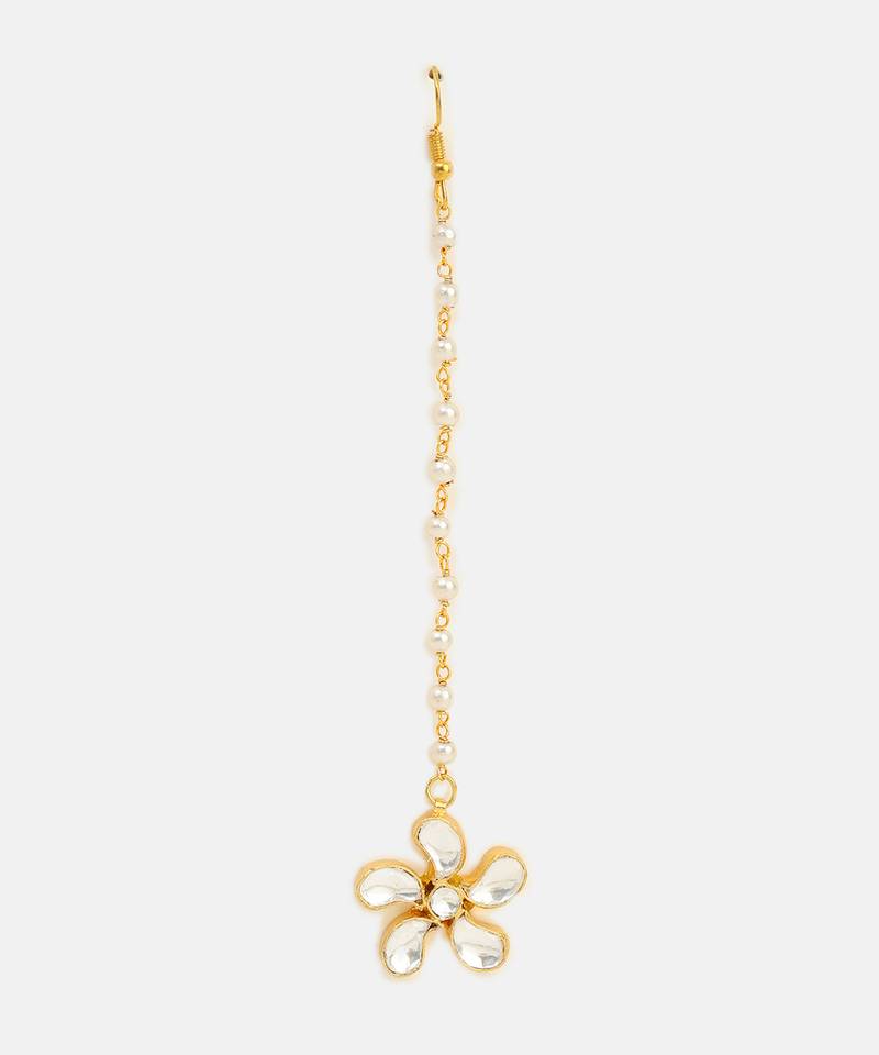 White pink beaded pearl drop maang tikka