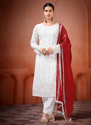 White and red faux georgette embroidered readymade salwar suit 1