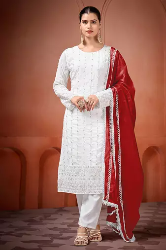White and red faux georgette embroidered readymade salwar suit
