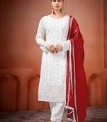 White and red faux georgette embroidered readymade salwar suit