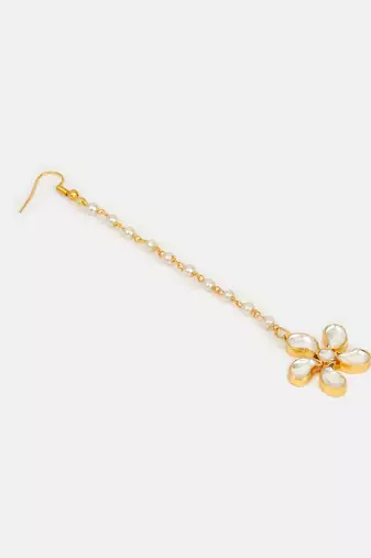 White pink beaded pearl drop maang tikka