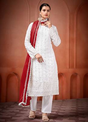White and red faux georgette embroidered readymade salwar suit 2
