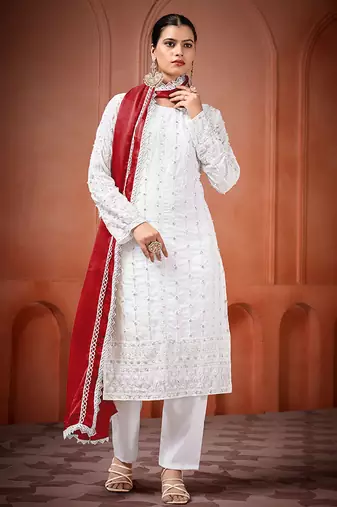 White and red faux georgette embroidered readymade salwar suit
