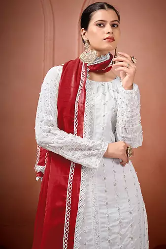 White and red faux georgette embroidered readymade salwar suit