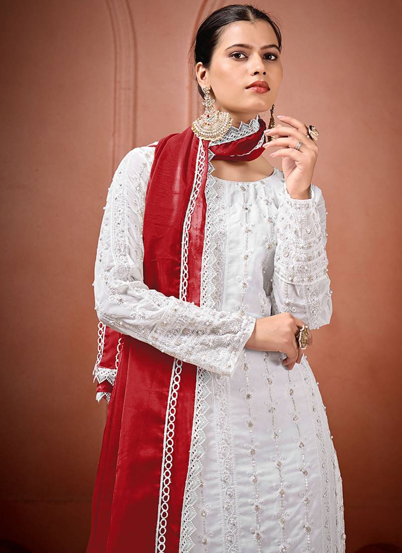 White and red faux georgette embroidered readymade salwar suit