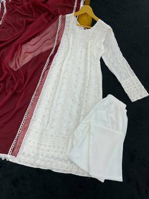 White and red faux georgette embroidered readymade salwar suit 4