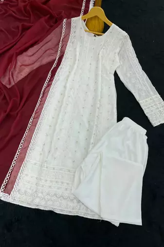 White and red faux georgette embroidered readymade salwar suit