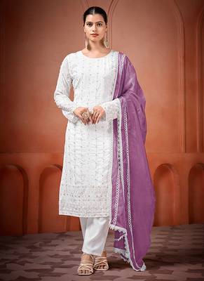White and lavender faux georgette embroidered readymade salwar suit 1