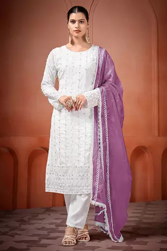 White and lavender faux georgette embroidered readymade salwar suit