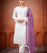 White and lavender faux georgette embroidered readymade salwar suit