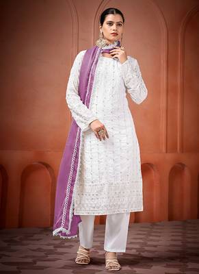 White and lavender faux georgette embroidered readymade salwar suit 2