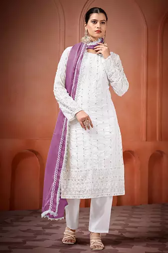 White and lavender faux georgette embroidered readymade salwar suit