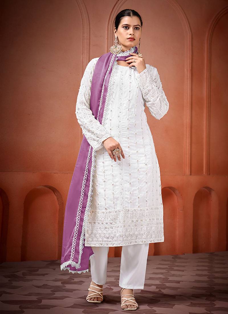 White and lavender faux georgette embroidered readymade salwar suit