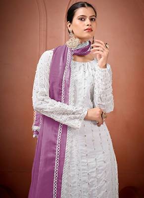 White and lavender faux georgette embroidered readymade salwar suit 3