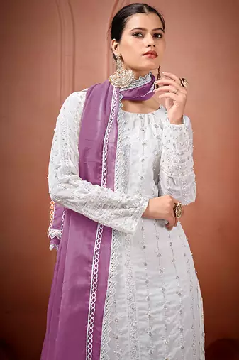 White and lavender faux georgette embroidered readymade salwar suit