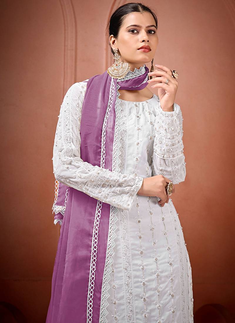 White and lavender faux georgette embroidered readymade salwar suit