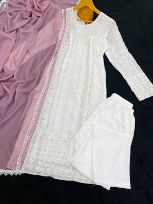 White and lavender faux georgette embroidered readymade salwar suit 4
