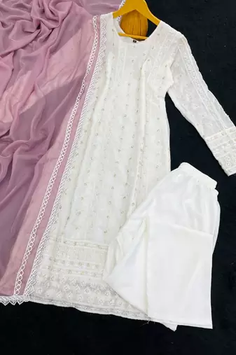 White and lavender faux georgette embroidered readymade salwar suit