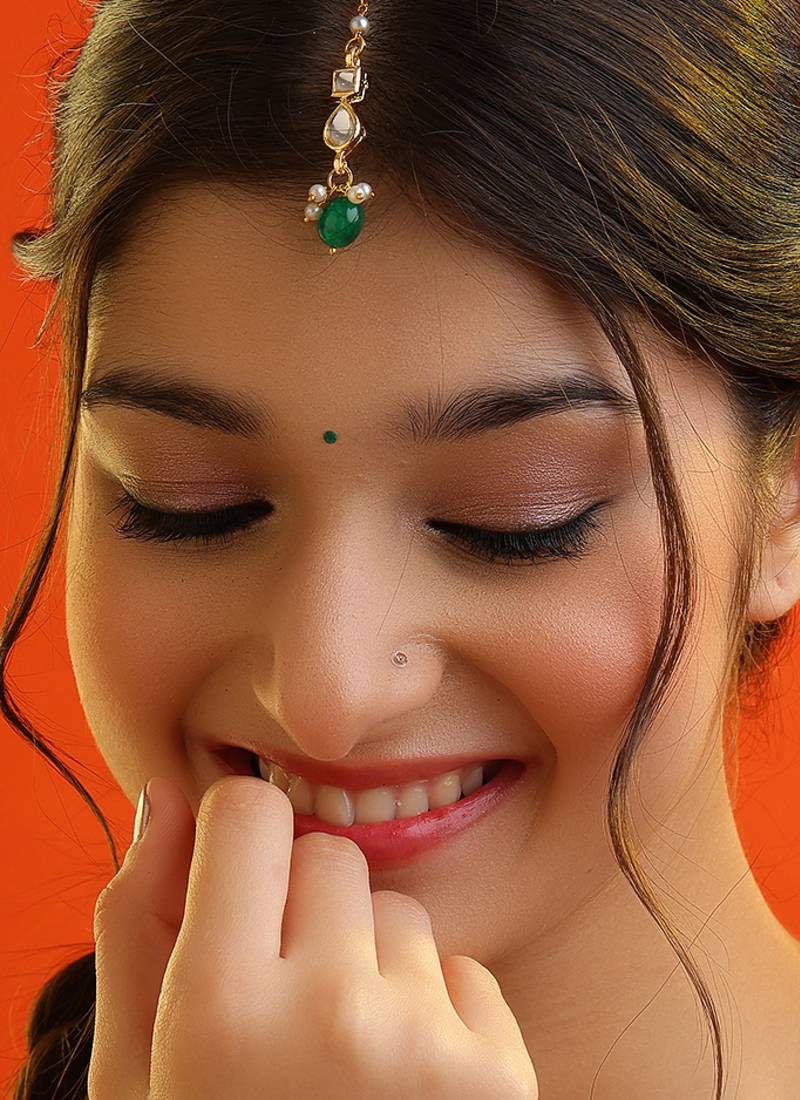 Green stone kundan maang tikka