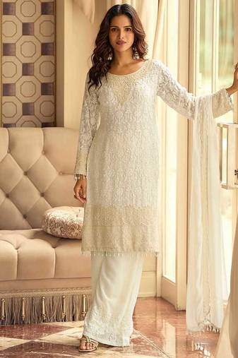 Off white faux georgette  embroidered readymade salwar kameez