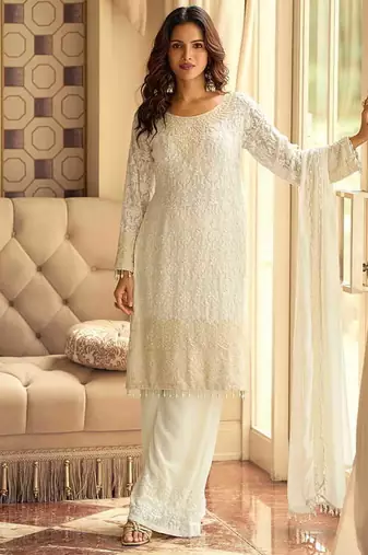 Off white faux georgette  embroidered readymade salwar kameez
