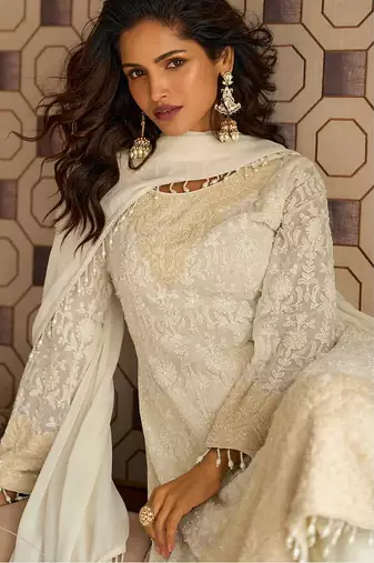 Off white faux georgette  embroidered readymade salwar kameez