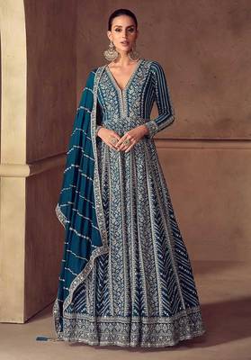 Teal blue faux chinon silk embroidered readymade anarkali suit 1